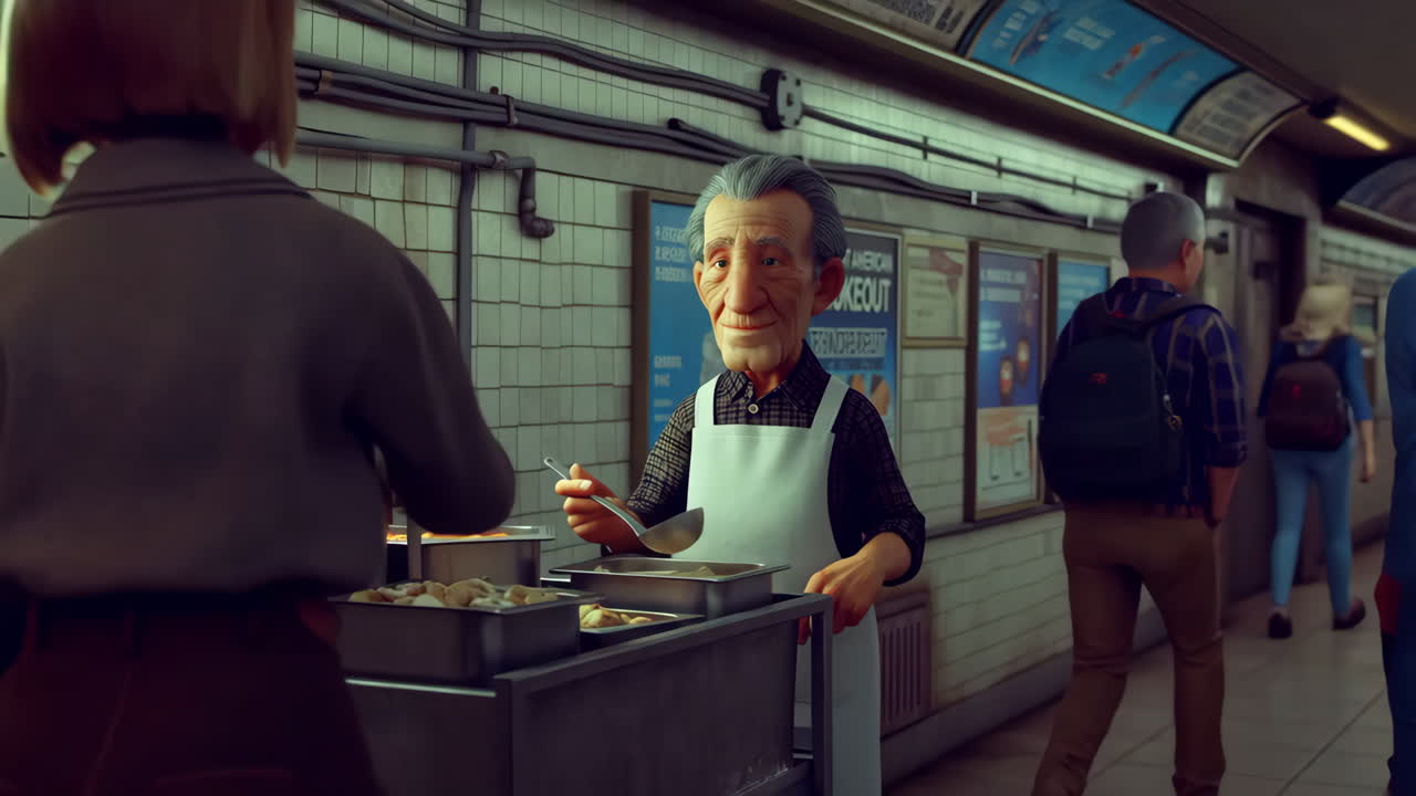 Elderly man serving soup at a lunch counter