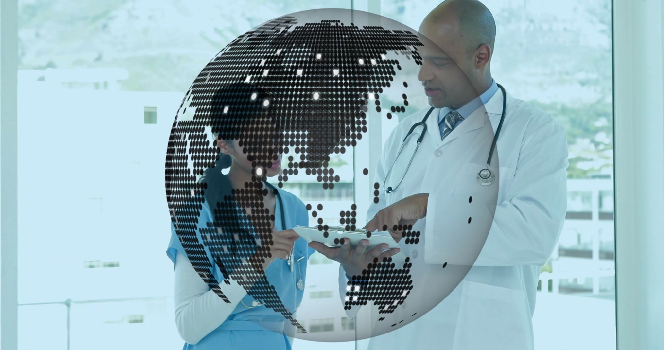 Nurse touching tablet after physician pointing, dotted globe drifting revealing medical data
