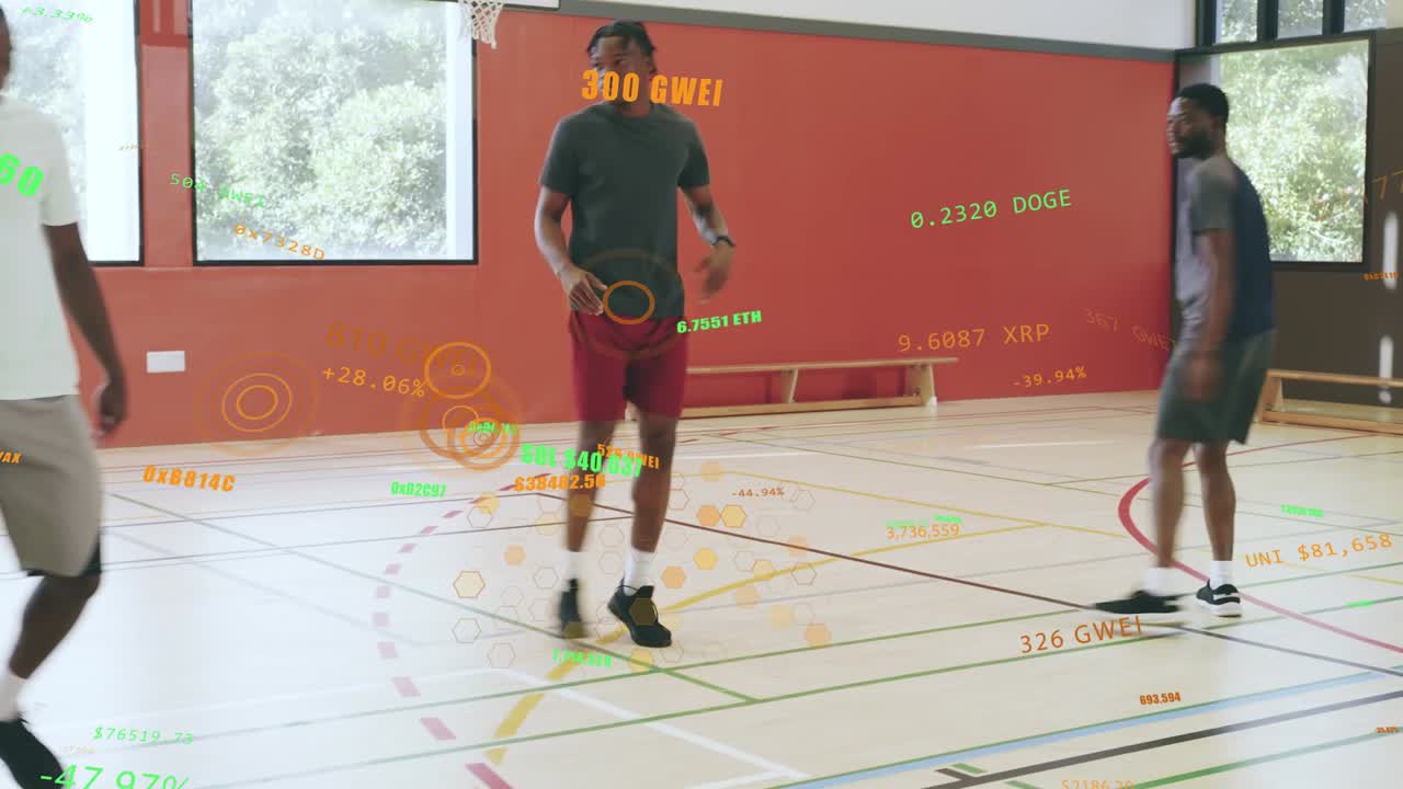 Right guard dribbling, five players rotating and passing while crypto tags tracking ball for shot
