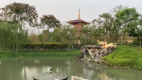 jardín tradicional japonés en el parque ecológico de kolkata con un hermoso lago y una pagoda a la distancia