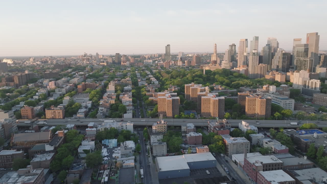 Aerial view of homes in Fort Greene Brooklyn. Shot at sunrise in New York City.