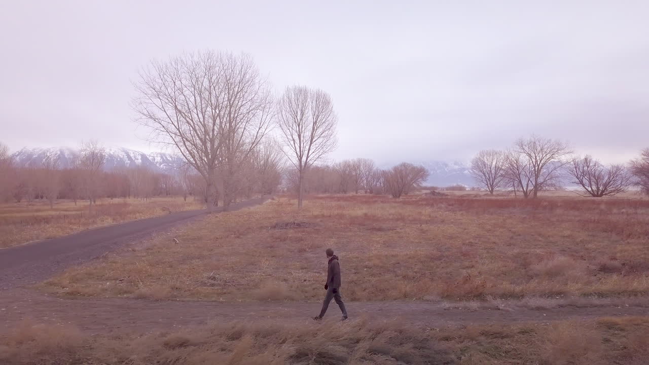 태양이 빛나고 꿈 같은 눈부심을 일으키는 들판에서 하이킹하는 남자