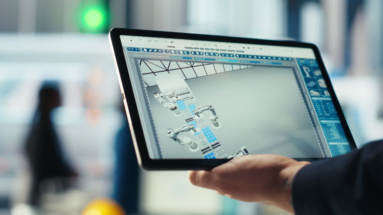 close-up di un esperto che utilizza un tablet per ispezionare i macchinari degli impianti solari