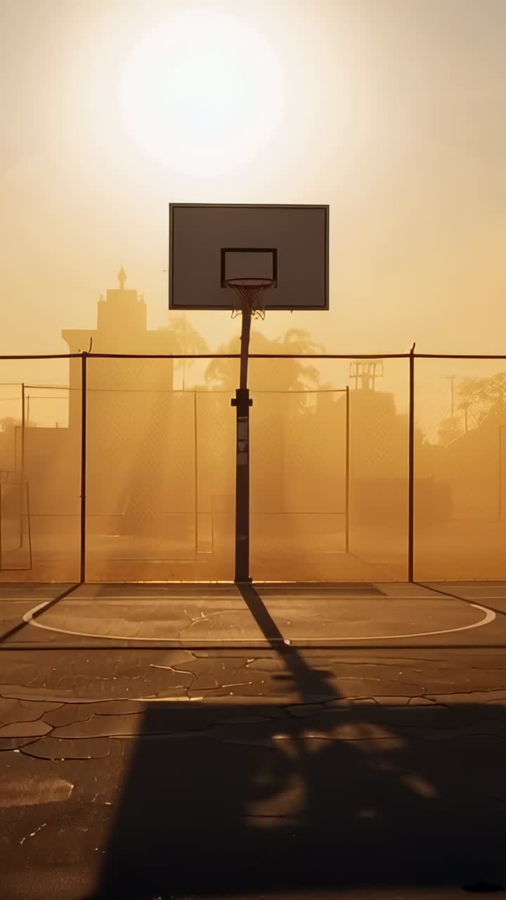 Vertical video: Sun drawing camera inward on outdoor court to hoop and board, creating lens flare