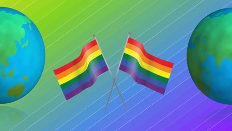 animation of globes over rainbow flags on rainbow background