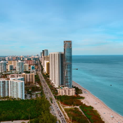 scenic view of luxurious miami, florida, usa on daytime. luxurious skyscrapers face the beautiful waterscape of the atlantic ocean.