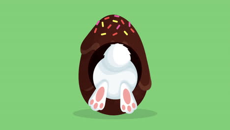 feliz tarjeta animada de pascua con un conejo lindo y un huevo de chocolate
