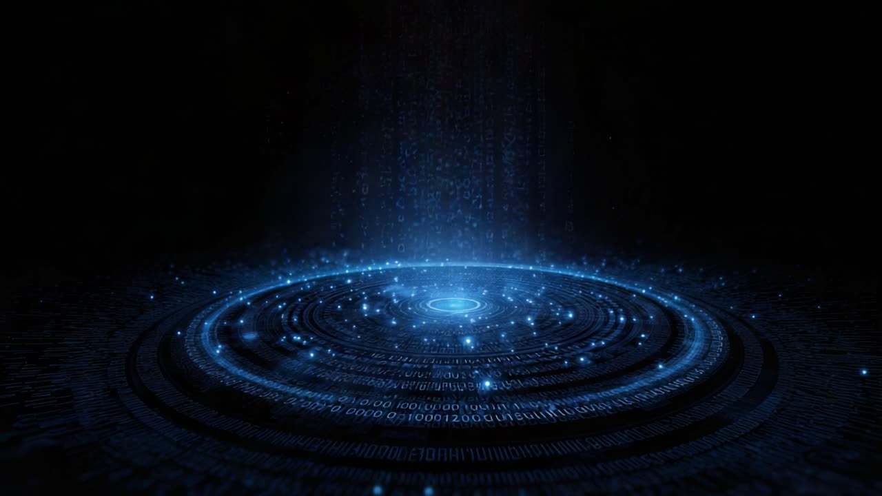 Futuristic circular interface with glowing blue particles and binary code data streaming into its central core. Representing concepts of high technology. Information transfer. And digital innovation