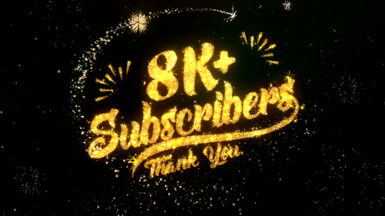 8k 가입자 인사 및 소원 카드는 반이는 입자 및 반이는 빛의 어두운 밤 하늘과 다채로운 불꽃놀이 4k 배경으로 만들어졌습니다.