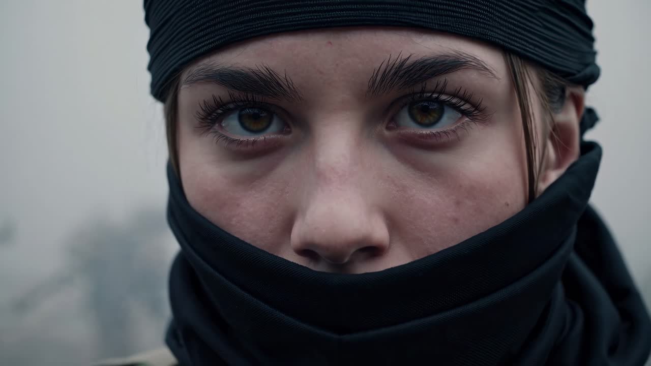 Female soldier gripping her rifle, standing firm amidst a foggy battlefield, embodying unwavering courage and readiness in a hostile environment filled with danger and uncertainty