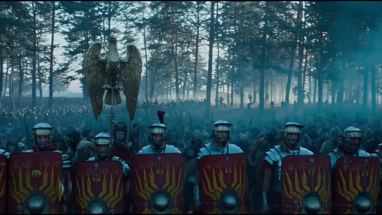 Fotogramma di video cinematografico di soldati romani in formazione, angolo basso, sfondo di foresta nebbiosa