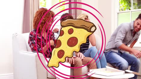 animation of pizza slice in circles and happy diverse friends eating pizza and talking