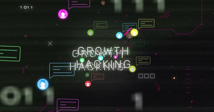 Baggrund med glitch-effekt, der frembringer en "growth hacking"-titel, mens neonikoner kredser og illustrerer dataflow.