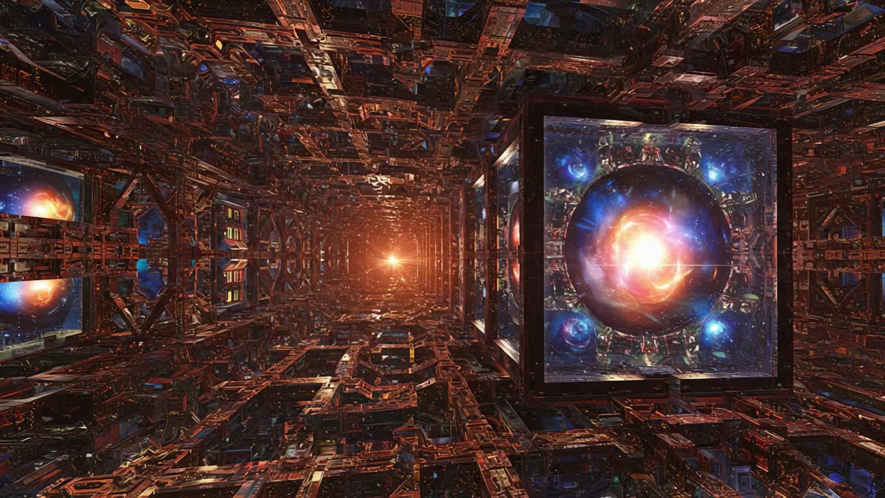Exploring a Hypothetical Universe: A Journey Through an Intricate, High-Tech Structure Amidst a Cosmic Display of Shimmering Light and Colors