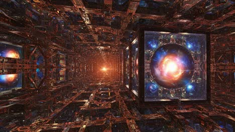 exploring a hypothetical universe: a journey through an intricate, high-tech structure amidst a cosmic display of shimmering light and colors