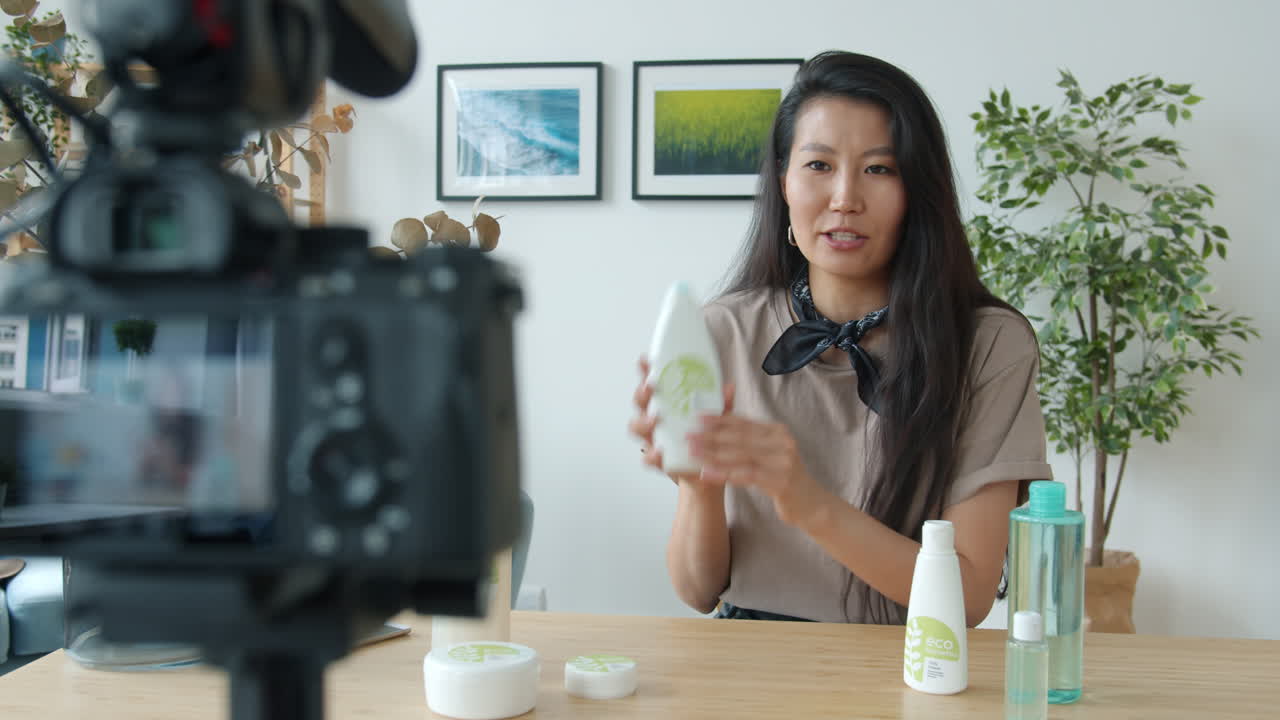 Woman demonstrating eco-friendly skincare products