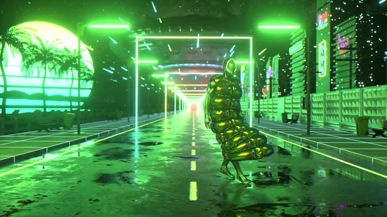 un tipo cyberpunk bailando contra el fondo retro del atardecer. ciudad nocturna. carretera. neón verde. concepto futurista. ufo. animación 3d