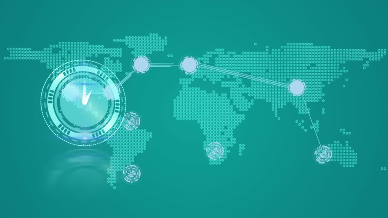 연결 네트워크와 세계 지도에 대한 시계 애니메이션