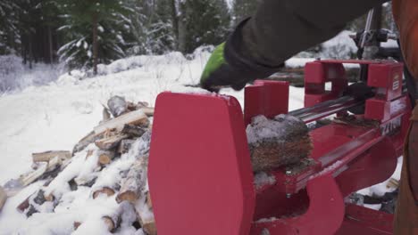 winter forest with a person using a log splitter machine