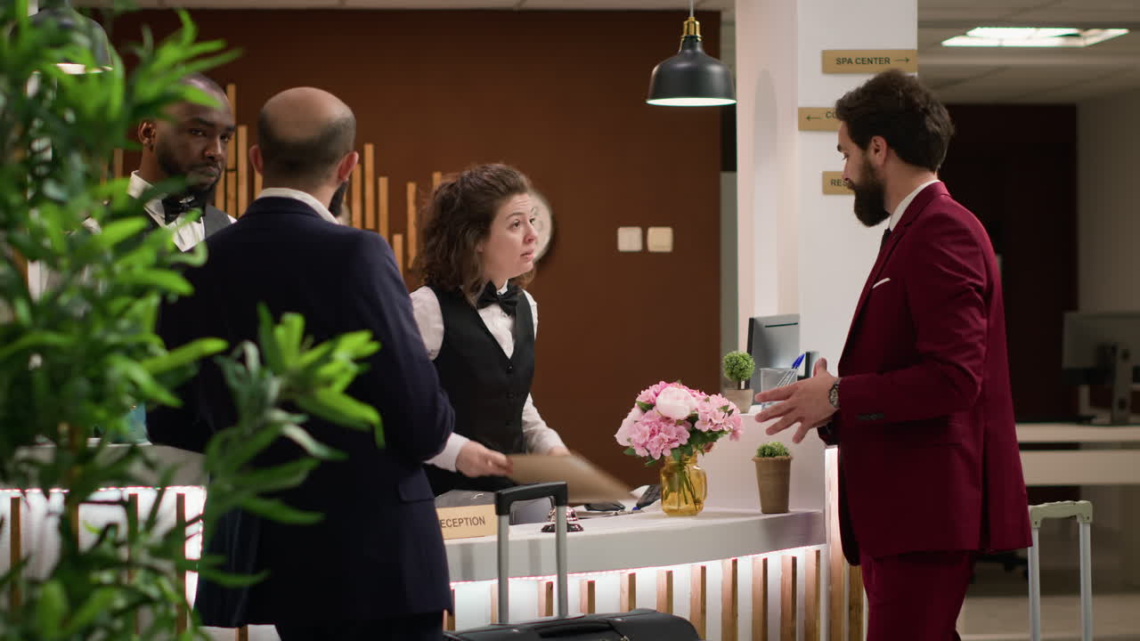 사업가 들 이 호텔 리셉션 에 들어간다