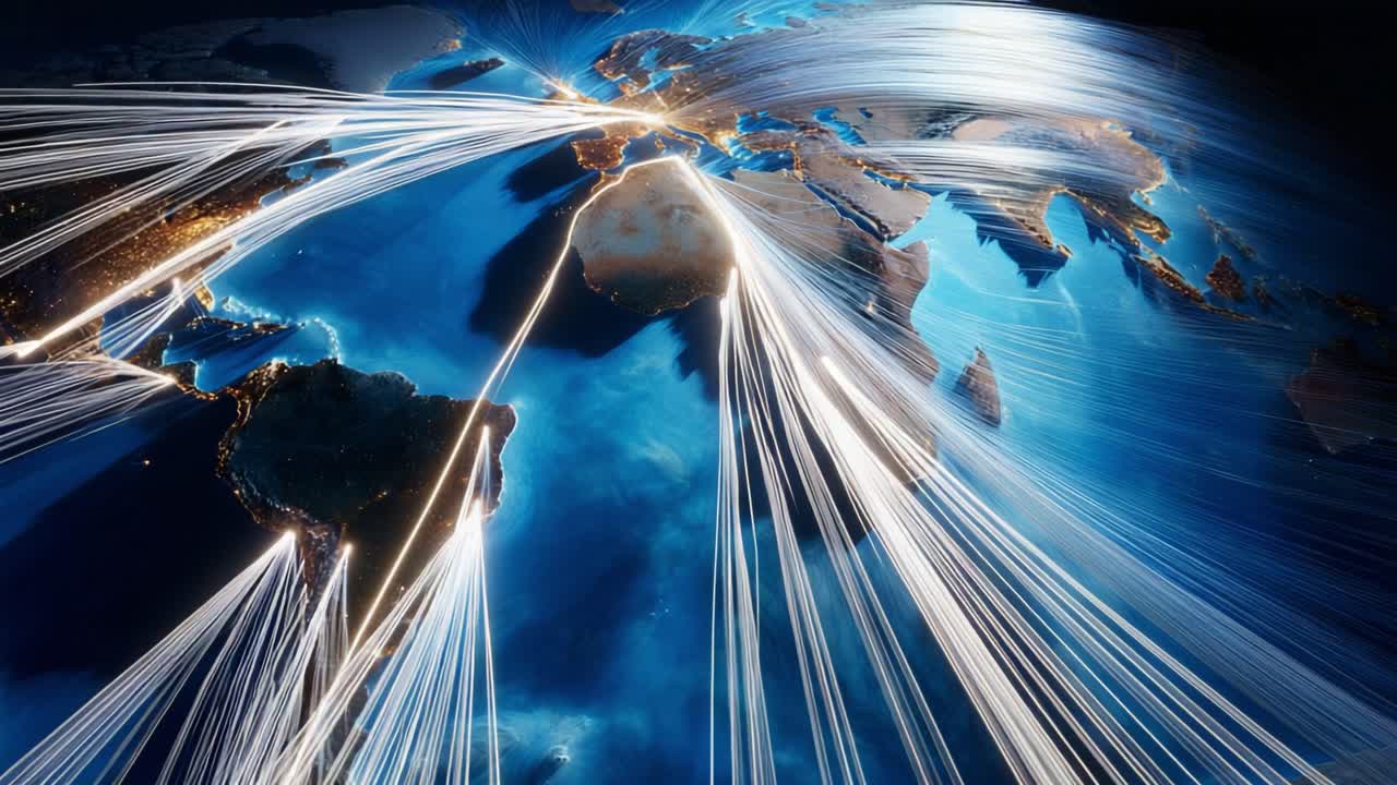 A Captivating View of Global Connectivity: Illuminated Lines Representing Data, Communication, and Human Interaction Across the World, Highlighting Key Regions and Connections
