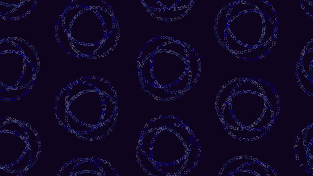 A striking blue circular pattern against a black background consists of interconnected small circles and lines, creating a visually captivating concentric design