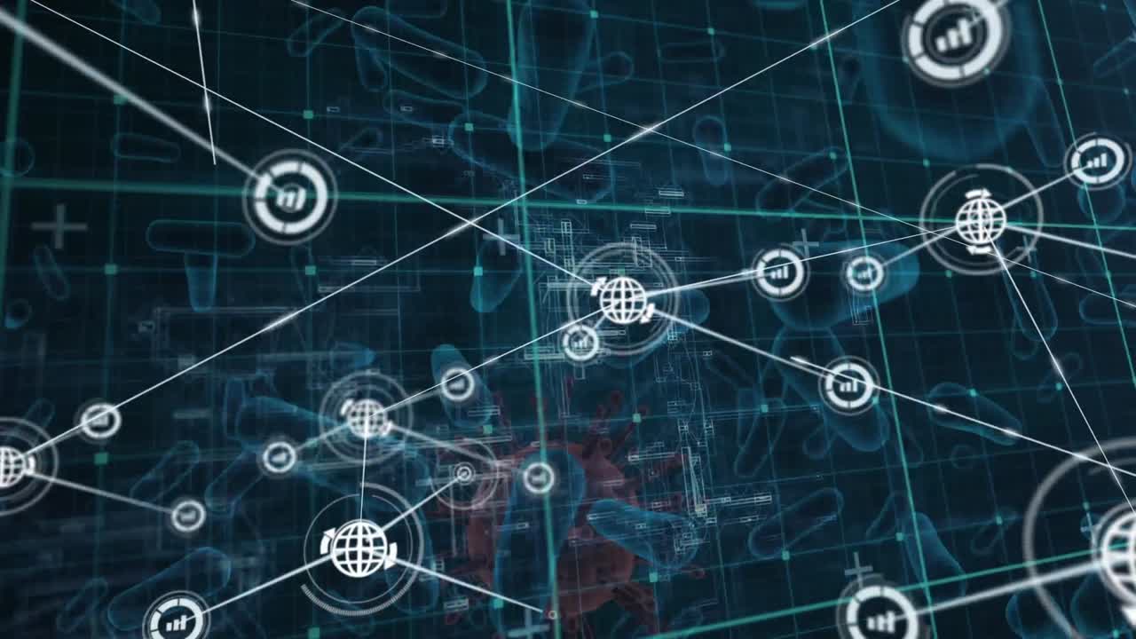 Network of digital icon over grid network against covid-19 cell and blood vessels on blue background