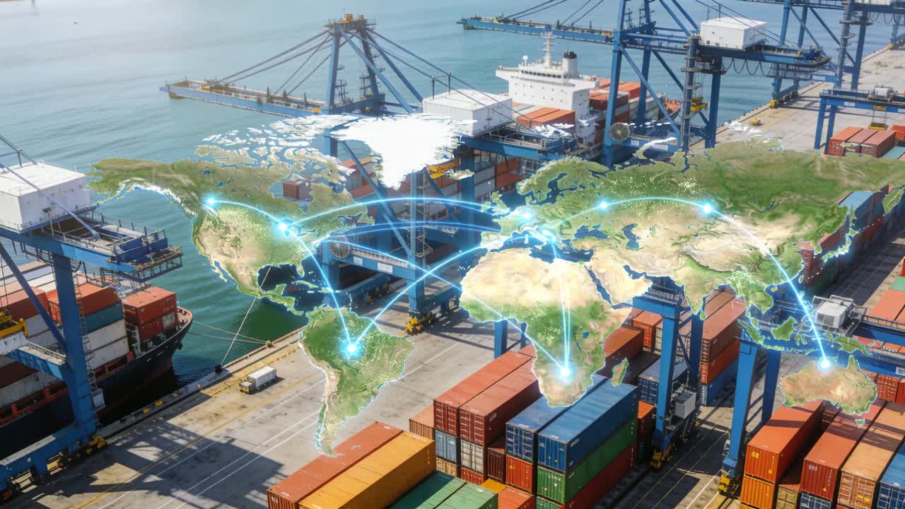 Overlay di mappa mondiale che appare e si anima sopra il terminal portuale, archi luminosi che instradano il carico verso le gru