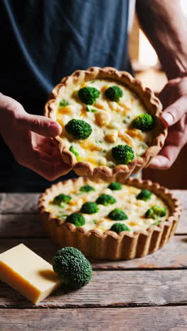 person holding homemade broccoli and cheese quiche