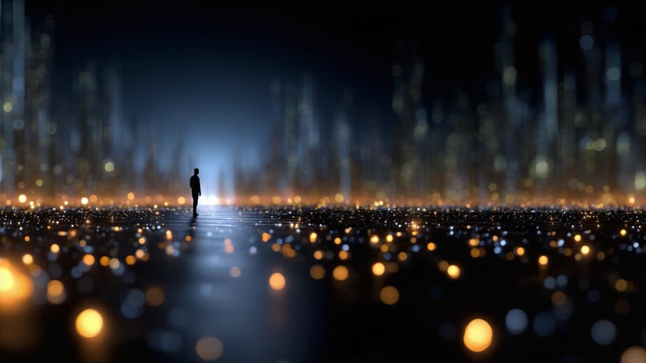 A solitary figure stands amidst a shimmering landscape filled with luminous particles, creating a captivating and surreal atmosphere of mystery and wonder