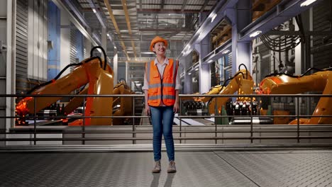 full body of asian female engineer with safety helmet looking around while standing with industrial robotic arms working