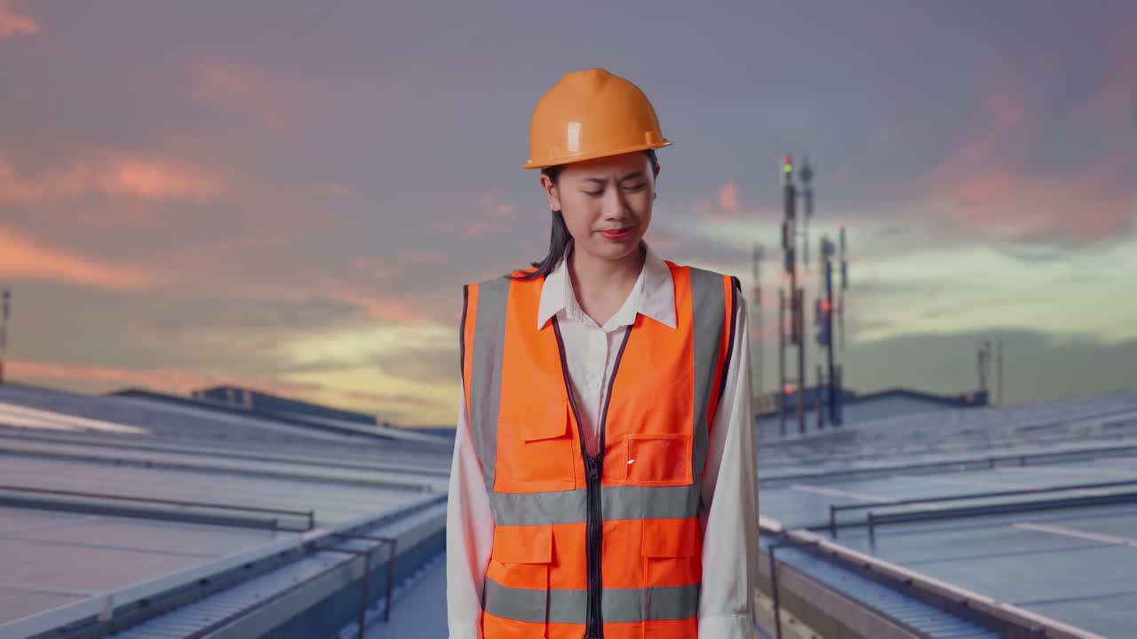 Ingeniera asiática pensativa con casco de seguridad, trabajando con dudas e inspeccionando paneles solares industriales en la azotea.