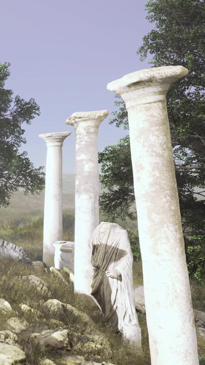 Antiche colonne si ergono in un paesaggio storico circondato da alberi verdi