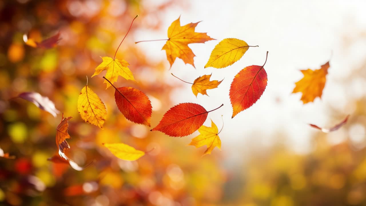A Captivating Display of Colorful Autumn Leaves Dancing in the Air Against a Warm, Sunlit Background, Capturing the Essence of Fall's Beauty and Transition