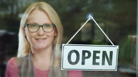 portrait of a successful woman - the owner of his business standing behind the glass door at the pla