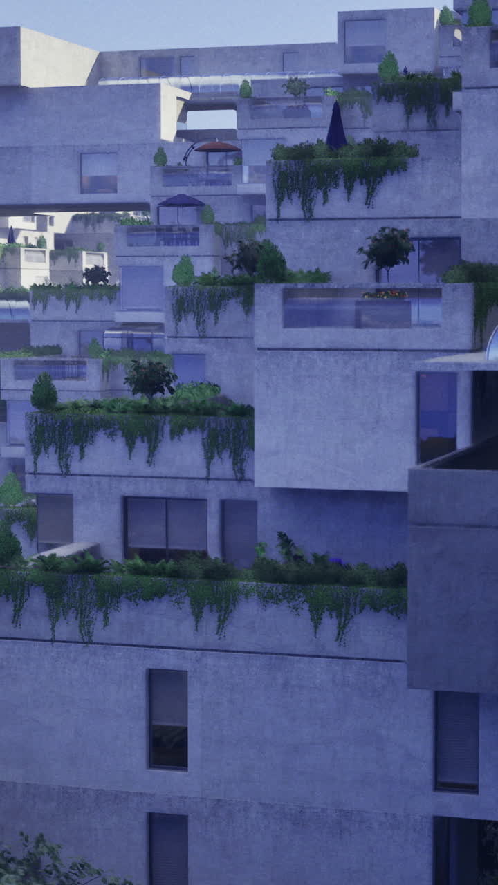 Modern architectural design with greenery and unique balconies in urban setting