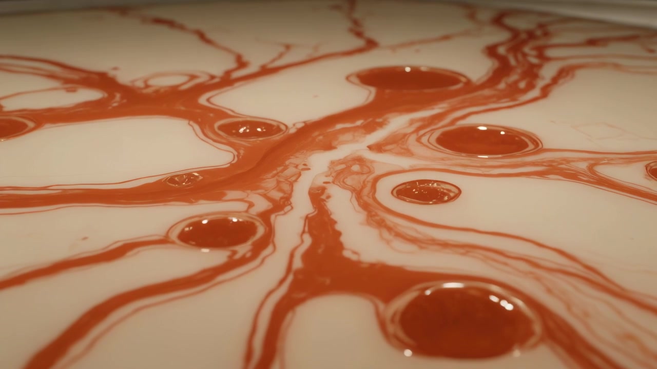 Spreading orange fluid network branching on pale base in tray, making droplets for demo