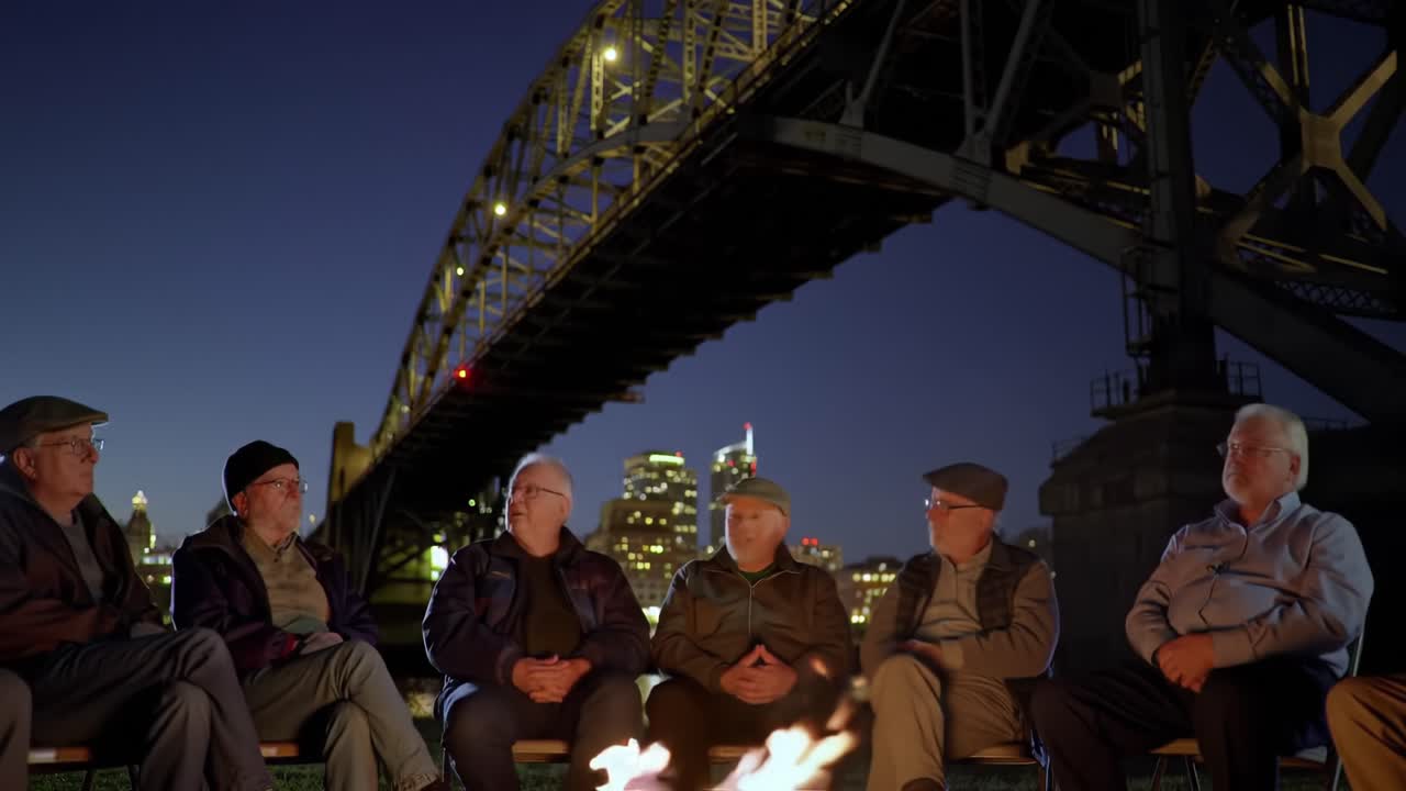 Gathering of Friends by the Fire Under a Bridge at Night, Sharing Stories and Laughter Amidst the City Lights and a Warm Glow of Camaraderie