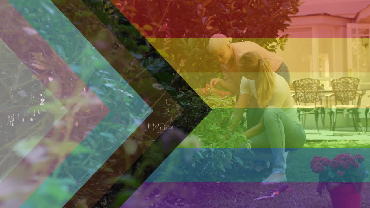 jardinería juntos, personas con animación de bandera arco iris en el fondo