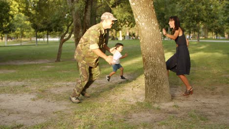 excited active kids running and playing with their parents