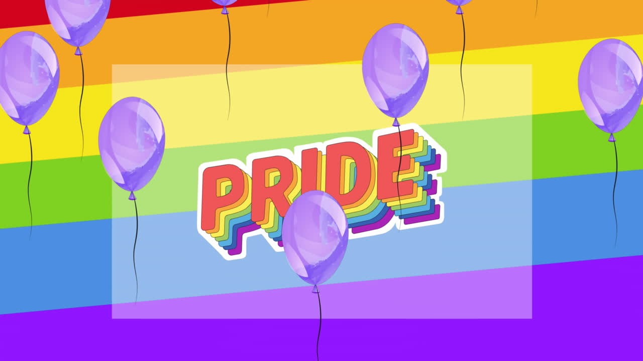 animación de globos púrpuras flotando sobre el texto del orgullo en fondo de rayas de arco iris