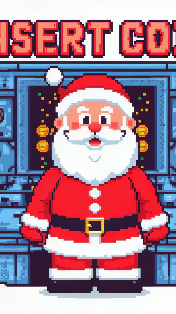 Video verticale: l'esecutivo inizia, Babbo Natale in abito rosso muove la bocca e il cappello in una sala giochi con INSERISCI CO