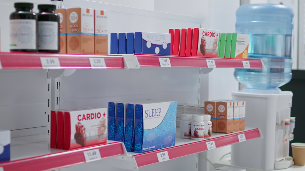 의료 의약품과 의약품으로 가득 찬 빈 의약품 창고