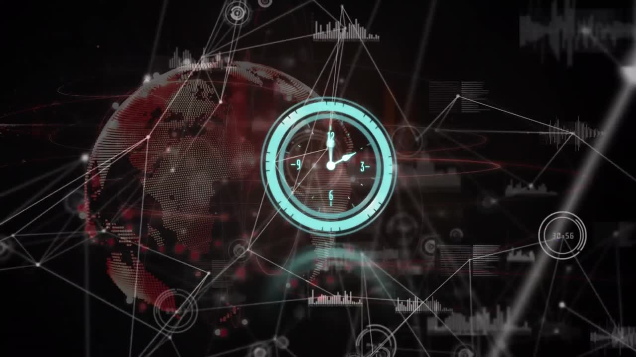 파란색 배경에 시계와 지구를 움직이는 연결 네트워크의 애니메이션