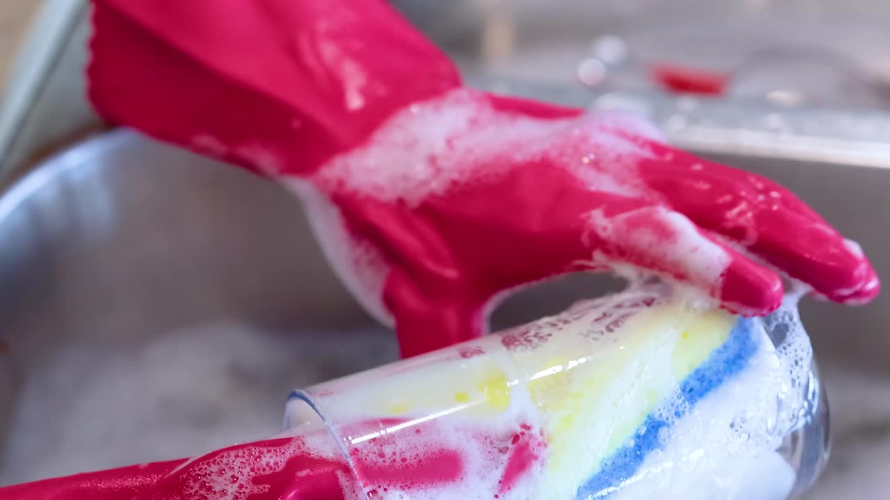 Close-up of red-gloved hands cleaning a glass with a colorful sponge, covered in soap suds.