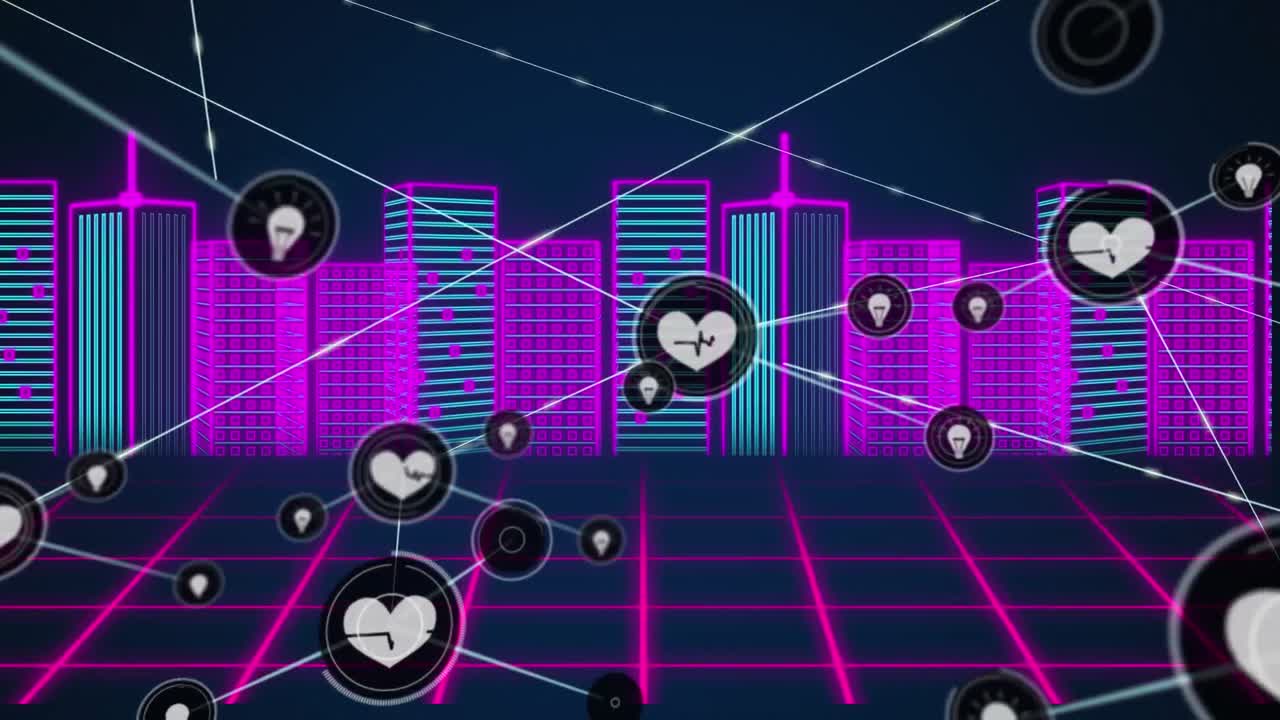 도시 풍경 위에 심장 아이콘으로 연결된 네트워크의 애니메이션