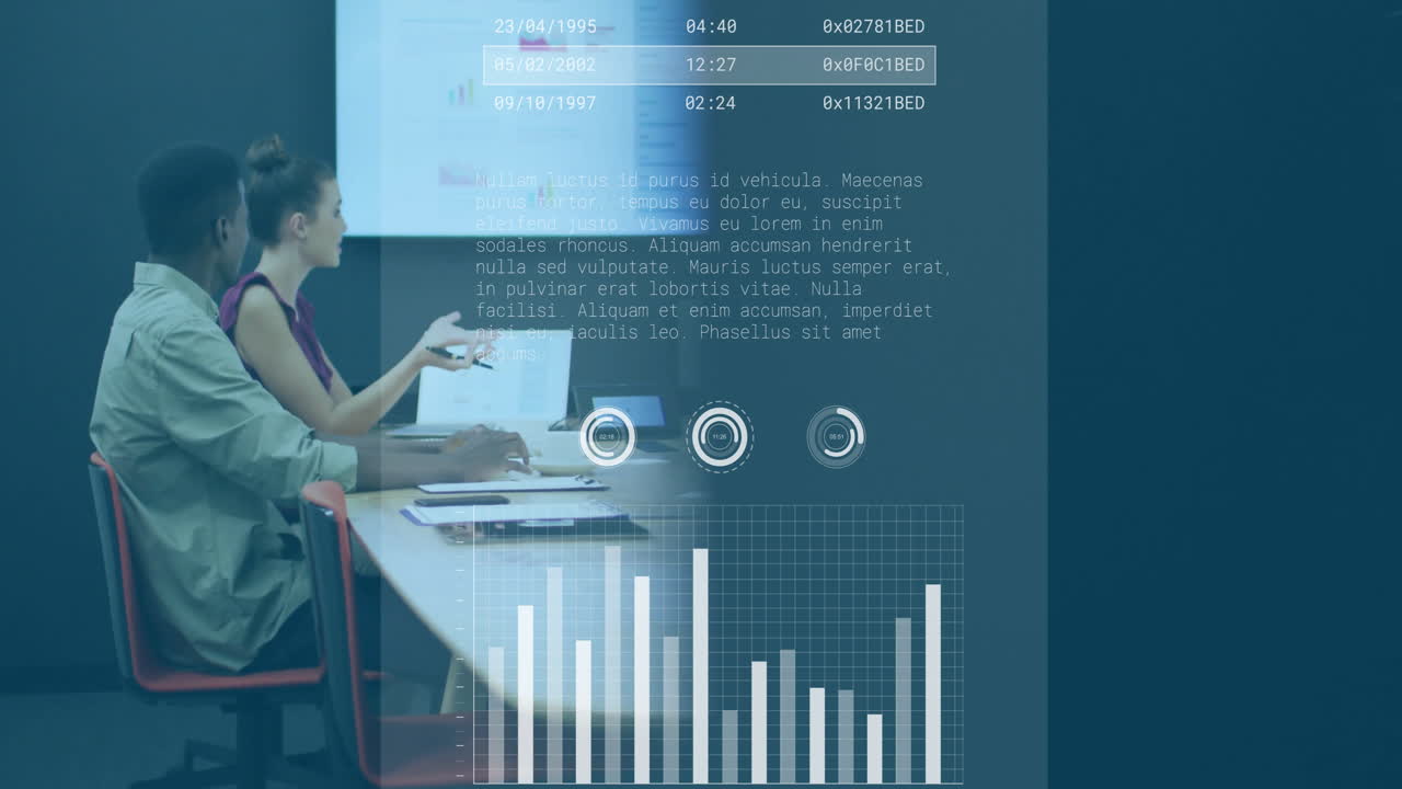 Animazione di elaborazione dati su diverse persone d'affari in riunione