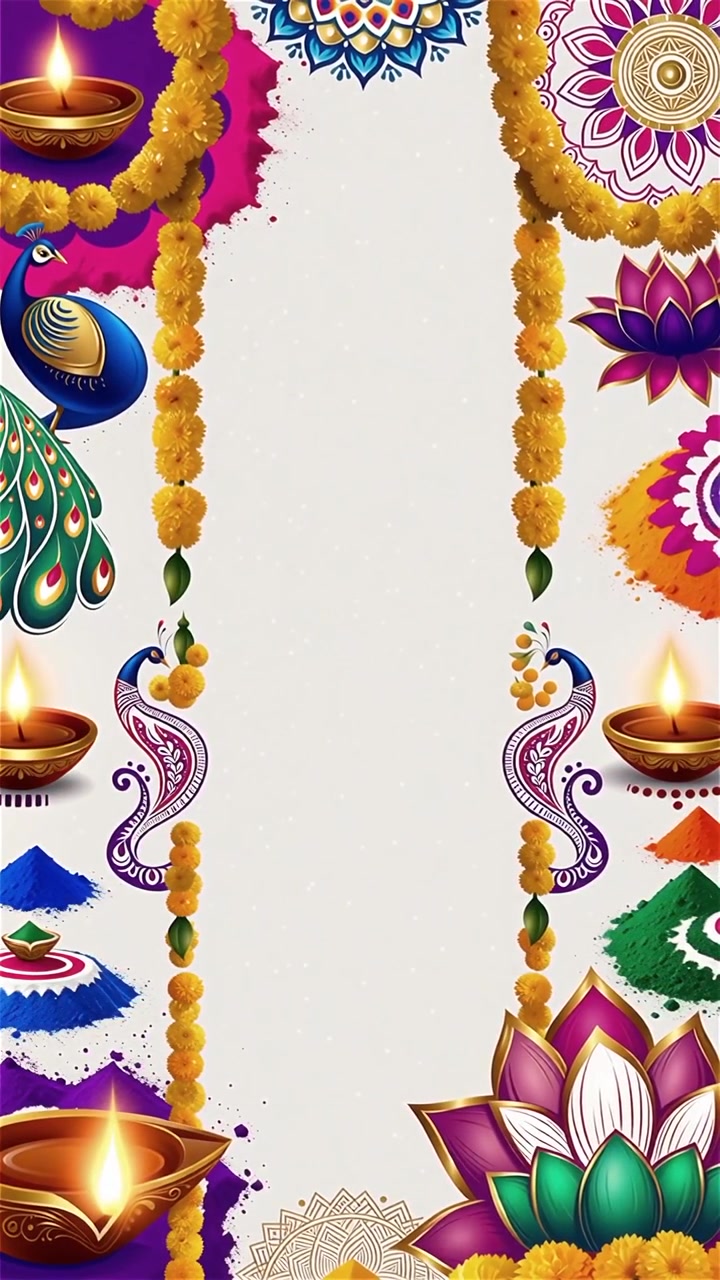 Sfondo Diwali con Diyas luminosi, Rangoli e fiori di loto