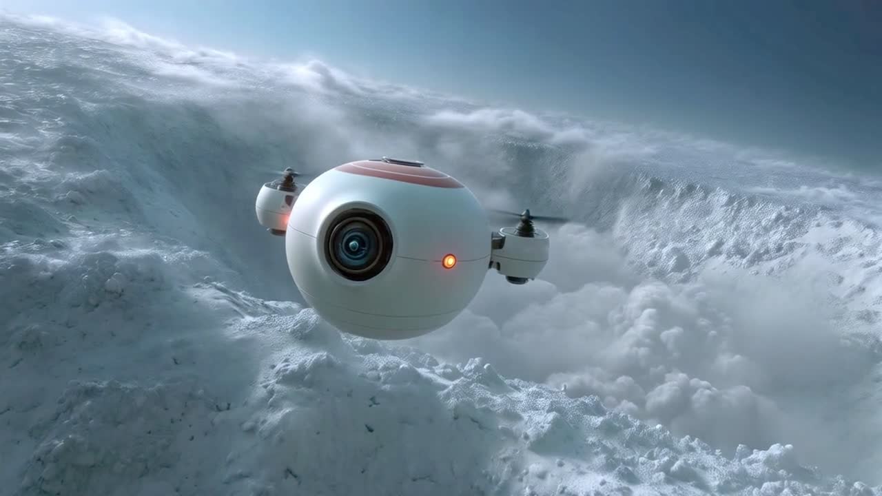 Drone flying over snowy landscape