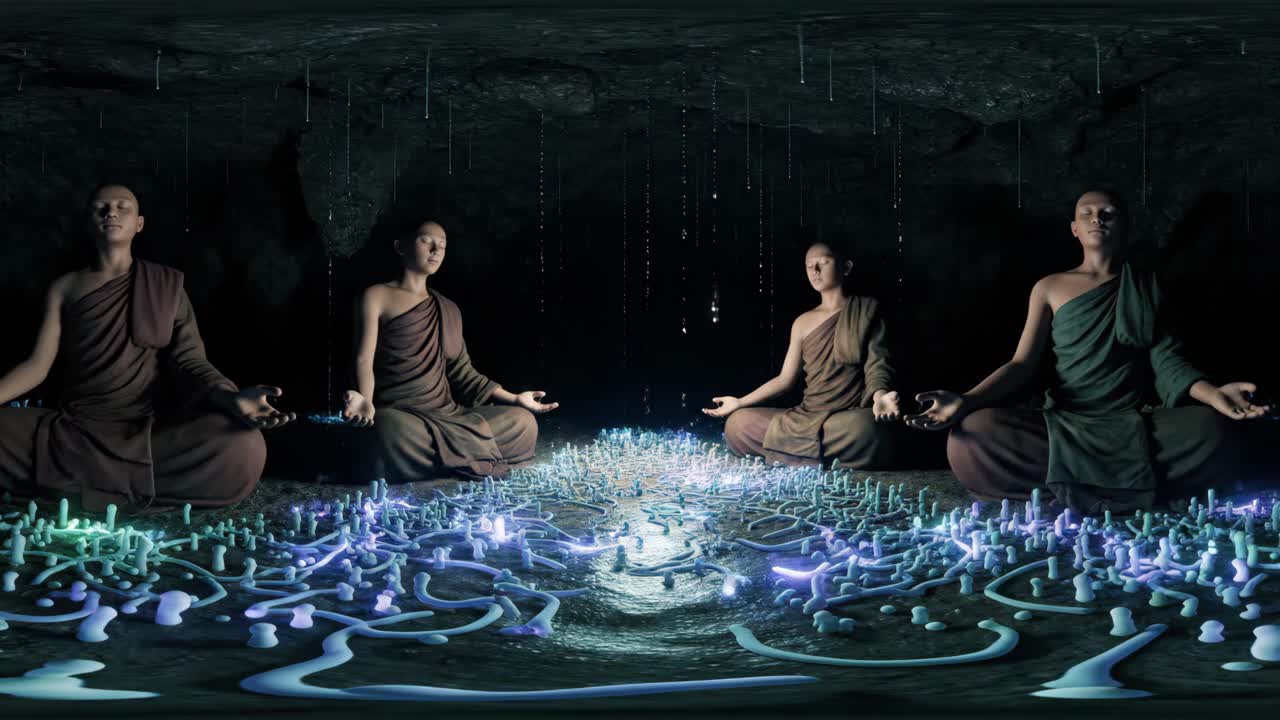 Monks Meditating in a Mystical Cave
